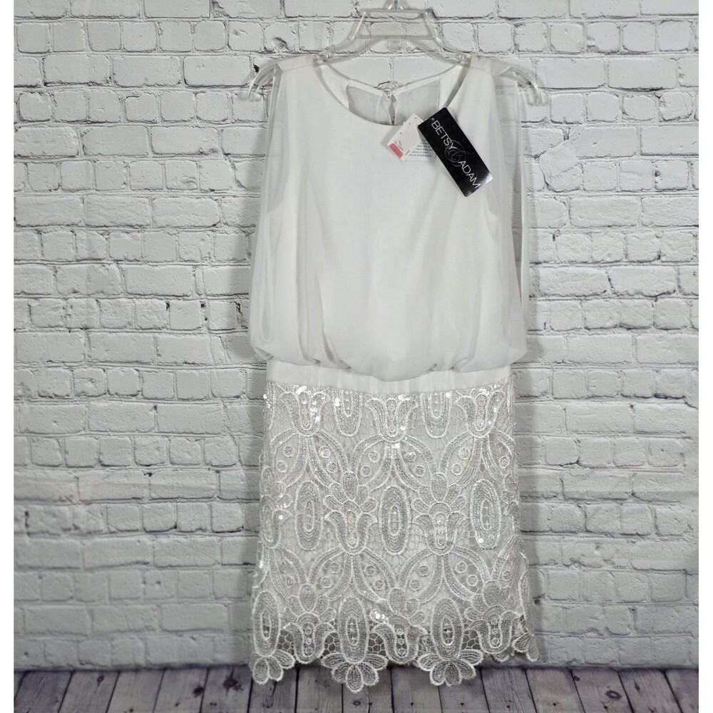Betsy & Adam Womens White Sz 4 Sequin Chiffon Mini Bodycon Dress‎